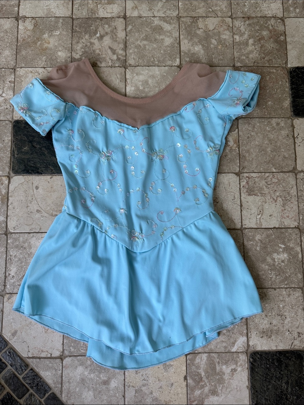 Light Blue Embellished ice skating Dress with Nude Mesh Yoke